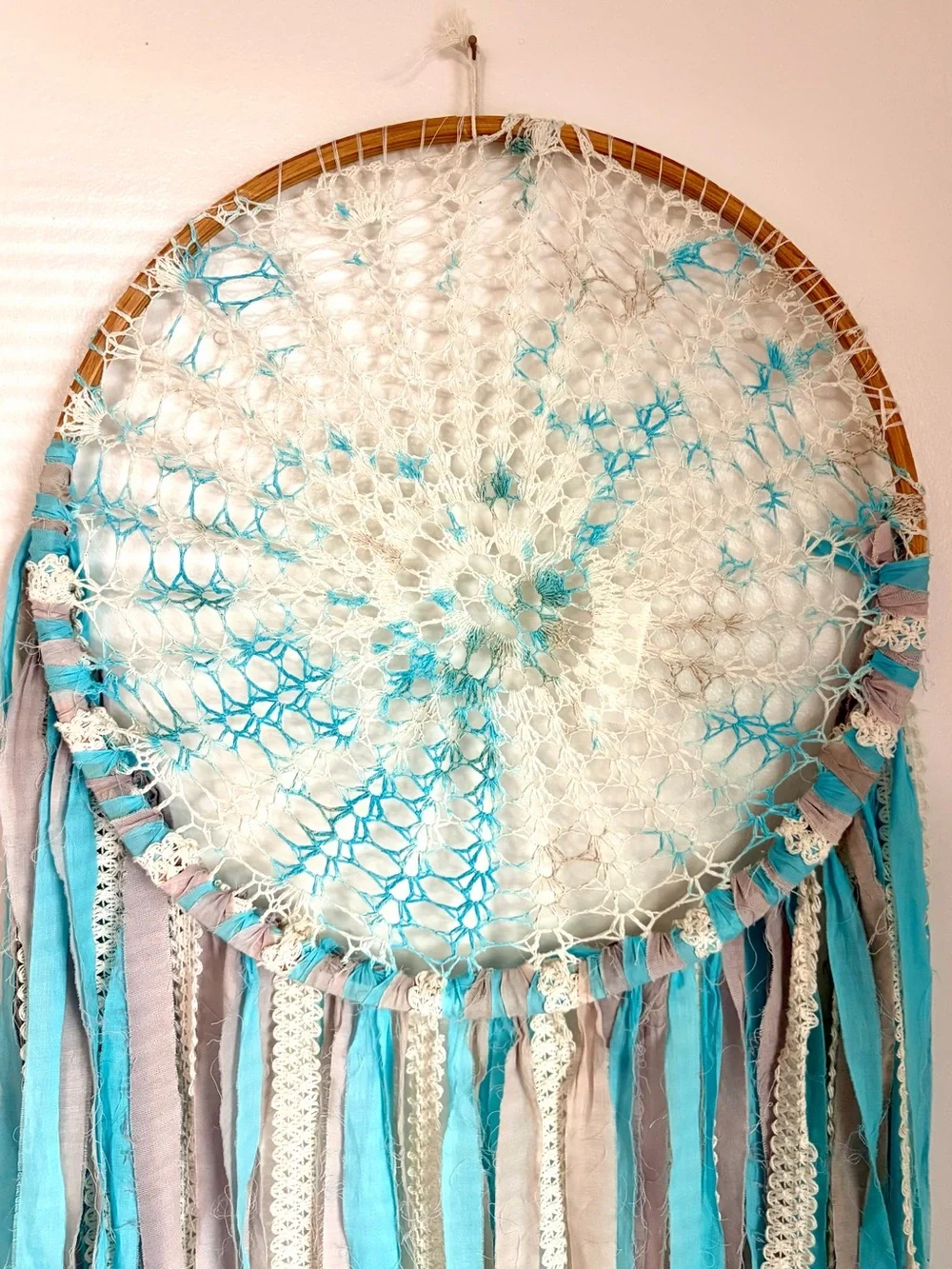 Handcrafted Boho Crochet Doily Dreamcatcher Wall Decor, Blue, Gray & Cream
